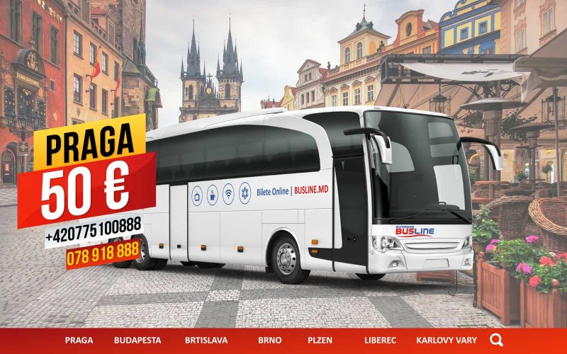 Toți cei care doresc să se bucure de o călătorie minunată sunt invitaţi la bordul autocarelor BUSLINE pentru a călători către destinaţiile dorite Budapesta , Bratislava , Praga , Brno , Plzen , Liberec.